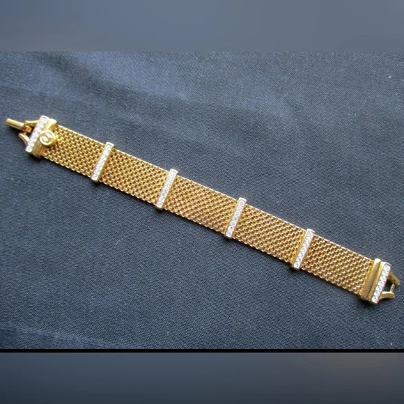 Swarovski gold metal mesh bracelet, white pave crystals, 7"L, Swan Mark - Picture 2 of 10